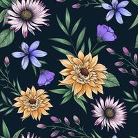 Hand drawn colorful botanical seamless floral pattern on dark vector