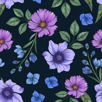 Hand drawn colorful botanical seamless floral pattern on dark vector