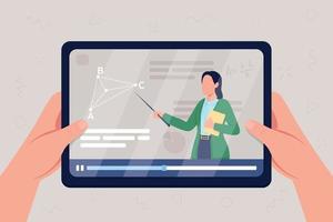 Hands hold tablet with video on geometry class flat color vector illustration