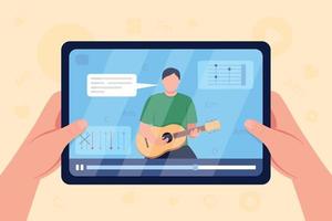 Hands hold tablet with video on guitar tutorial flat color vector illustration