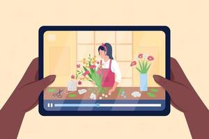 Hands hold tablet with video on floristics flat color vector illustration