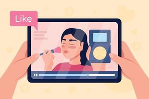 Hands hold tablet with video on make up tutorial flat color vector illustration