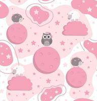 Seamless sweet dreams animal pattern with owl hedgehog and sheep on the background with moon stars and clouds Vector illustration