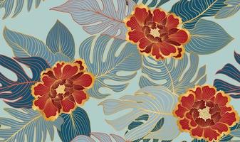 patrón floral transparente con hojas y flores tropicales fondo floral artístico dibujado en estilo de decoración china oriental florecer textura de jardín ornamental con hojas de palmera de arte lineal vector