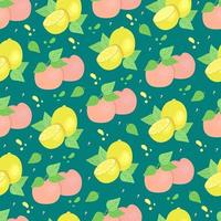 Lemons and pink peaches seamless pattern juicy summer fruits vector color print in doodle style hand draw