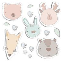 Funny Animal Heads Isolated on White Background  bear deer rabbit fox vector