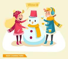 diseño de personajes de niño y niña para niños con muñeco de nieve vector