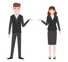 Young happy businessman and businesswoman character wearing business outfit standing and posing and waving isolated vector