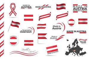 Big vector set of Austrian ribbons symbols icons and flags isolated on a white background Made in Austria premium quality Austrian national colors Set for your infographics and templates