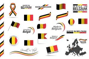 Big vector set of Belgian ribbons symbols icons and flags isolated on a white background Made in Belgium premium quality Belgian national tricolor Set for your infographics and templates