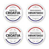 conjunto de cuatro etiquetas croatas hechas en croacia en croata proizvedeno u hrvatskoj pegatinas y símbolos de calidad premium con estrellas ilustración vectorial simple aislado sobre fondo blanco vector