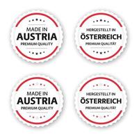 Set of four Austrian labels Made in Austria In German Hergestellt in Osterreich Premium quality stickers and symbols with stars Simple vector illustration isolated on white background