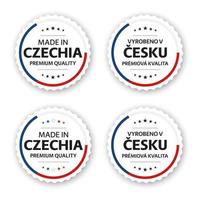 Set of four Czech labels Made in Czechia In Czech Vyrobeno v Cesku Premium quality stickers and symbols with stars Simple vector illustration isolated on white background