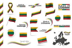 Big vector set of Lithuanian ribbons symbols icons and flags isolated on a white background Made in Lithuania premium quality Irish national tricolor Set for your infographics and templates