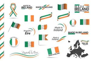 Big vector set of Irish ribbons symbols icons and flags isolated on a white background Made in Ireland premium quality Irish national tricolor Set for your infographics and templates