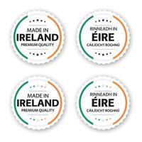 Set of four Irish labels Made in Ireland In Irish Rinneadh in Eire Premium quality stickers and symbols with stars Simple vector illustration isolated on white background