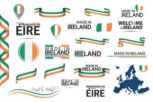 Big vector set of Irish ribbons symbols icons and flags isolated on a white background Made in Ireland premium quality Irish national tricolor Set for your infographics and templates