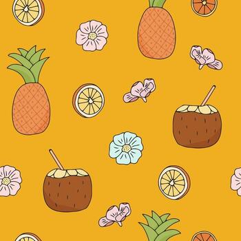 Festive Background with Bright Oranges Pineapples Coconut Milk and Flowers The Vector Seamless Pattern is Isolated on a Yellow Background