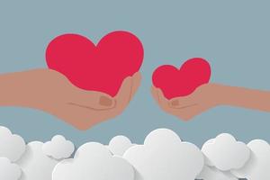 día de san valentín corazones en manos sobre las nubes vector