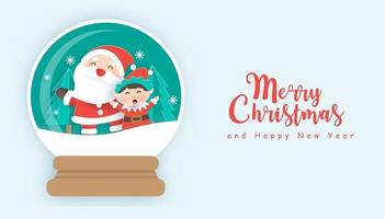 Christmas background with cute  santa claus and elf in snow globe vector