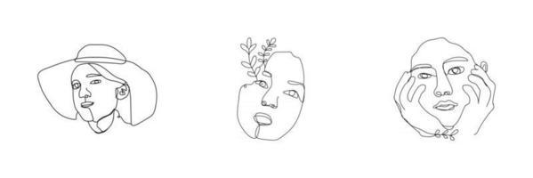 Womens faces in one line art style with flowers and leaves Continuous line art in elegant style for prints tattoos posters textile cards etc Beautiful women face Vector illustration