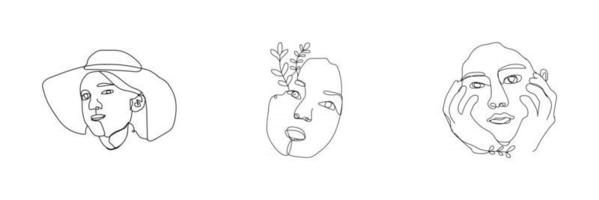 Womens faces in one line art style with flowers and leaves Continuous line art in elegant style for prints tattoos posters textile cards etc Beautiful women face Vector illustration