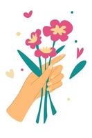 Elegant female hands holding flowers Cut flowers  Decorative bouquet floristic composition with leaves and flourishing Romantic gift for valentines or mothers day Vector illustration