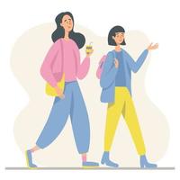 Two young girls walking together and communicating and drinking coffee in paper cup Female characters spending leisure time wearing casual clothing Vector illustration in flat style