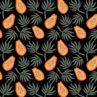 Hand drawn seamless pattern with papayas and palm leaves Bring vector illustration Vector repeat background for colorful summer fabric