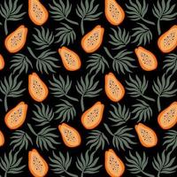 Hand drawn seamless pattern with papayas and palm leaves Bring vector illustration Vector repeat background for colorful summer fabric