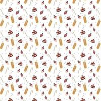 Seamless pattern with chocolate covered strawberries a delicious drink a cocktail straw and a cake Hand drawn style Vector repeat background for fabric