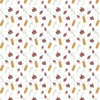 Seamless pattern with chocolate covered strawberries a delicious drink a cocktail straw and a cake Hand drawn style Vector repeat background for fabric