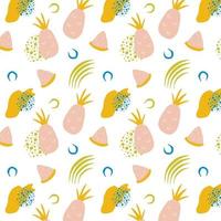 Tropical seamless pattern with pink pineapples pineapple slices and abstract shapes Vector illustration