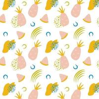 Tropical seamless pattern with pink pineapples pineapple slices and abstract shapes Vector illustration