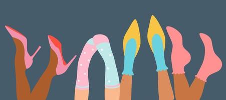 Diferentes piernas femeninas, calcetines y zapatos coloridos, tacones altos y zapatillas, diseño de banner moderno para web y pinta, ilustración de vector de dibujo a mano de moda