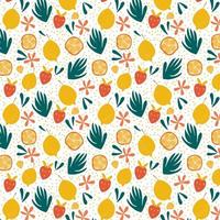 Exotic fruit seamless pattern in hand drawn style Fresh lemons oranges strawberries and bright flowers background Vector repeat background good for printing