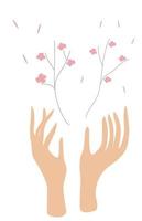 Vector illustration of a hand holding a flower Seedlings grow in the hands of trees Respect for nature Environment Earth Day Concept of growing and love earth Hand drawn illustration on white background