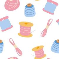 Seamless vector pattern with sewing things Decorative background with supplies for tailoring and needlework pins spools of thread needles Vector illustration on a white background