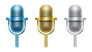 Establecer micrófono de metal azul plata oro aislado