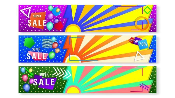 Set banners sale balloons and colorful geometric shapes