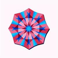 This is a pink geometric polygonal mandala in the form of a flower with a blue center vector