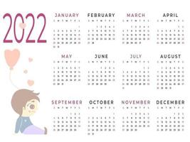 Calendar 2022 Horizontal template for a year kids collection vector