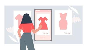 Woman buys clothes on a smartphone in an online store vector