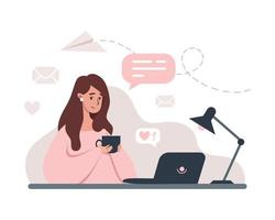 Woman working at laptop from home vector