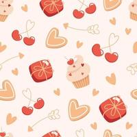 Seamless valentines day pattern with boxes of chocolates and cakes in flat style