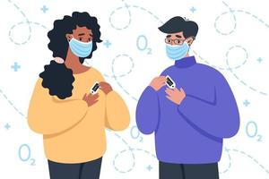 People in medical masks using pulse oximeter device vector