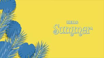 3d vector hello summer background with blue leaves in yellow background
