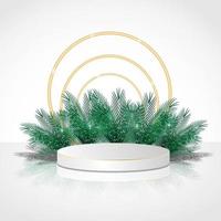 Luxury cylinder podium in white background with leafs and golden circle vector