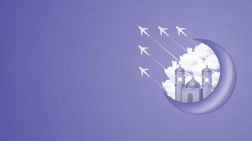 Fondo de ramadan kareem de vector 3d con avión de nubes de mezquita y luna creciente en color azul