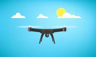 Flying black drone with digital camera in a sky vector